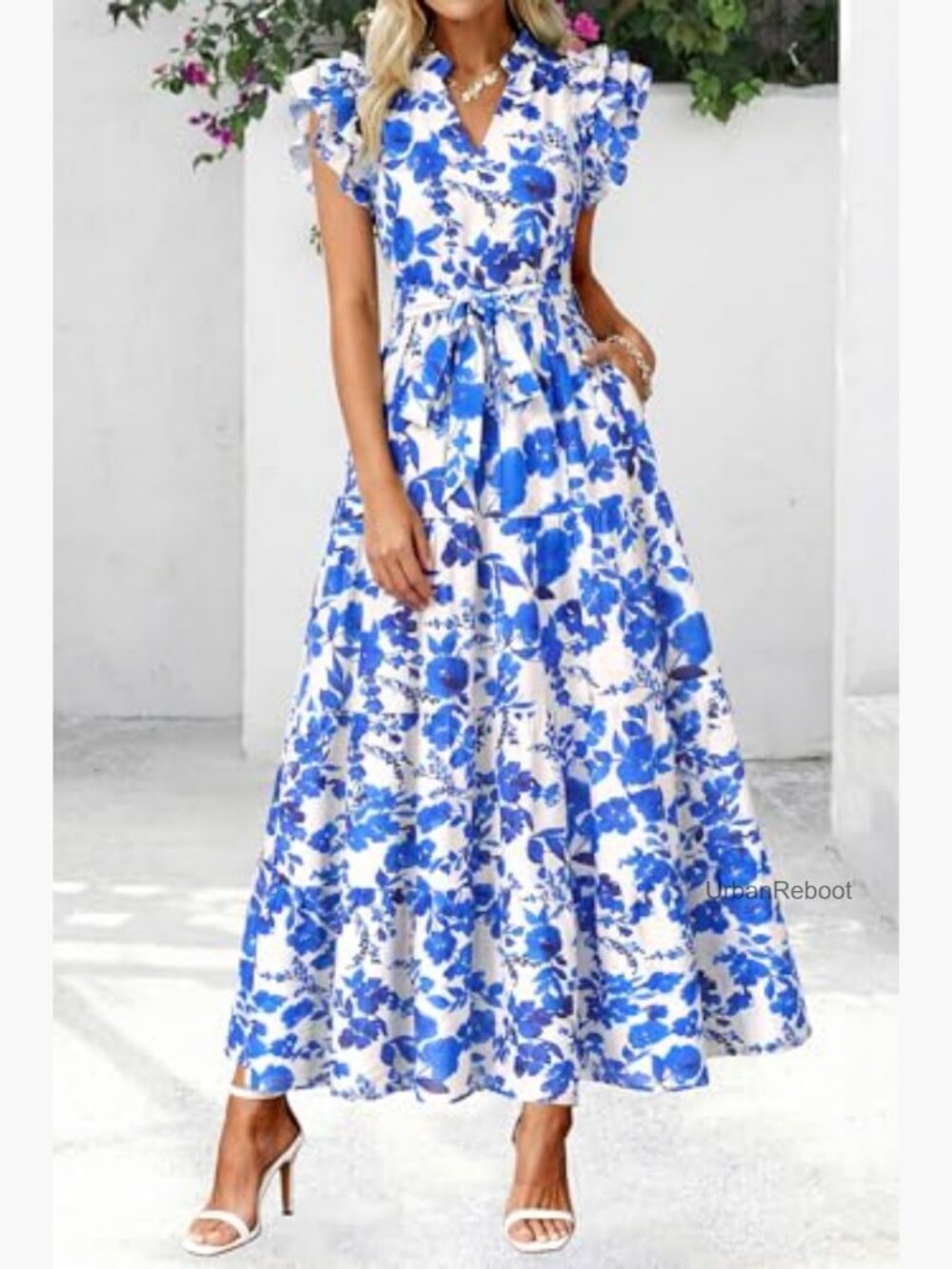 Maxi Dress with Pockets, Ruffle Sleeve, V Neck, Tiered - Picture 4 of 7